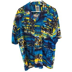 90's‎ Vintage Ocean Current Mens Large Blue Yellow Tropical Rayon Hawaiian Shirt